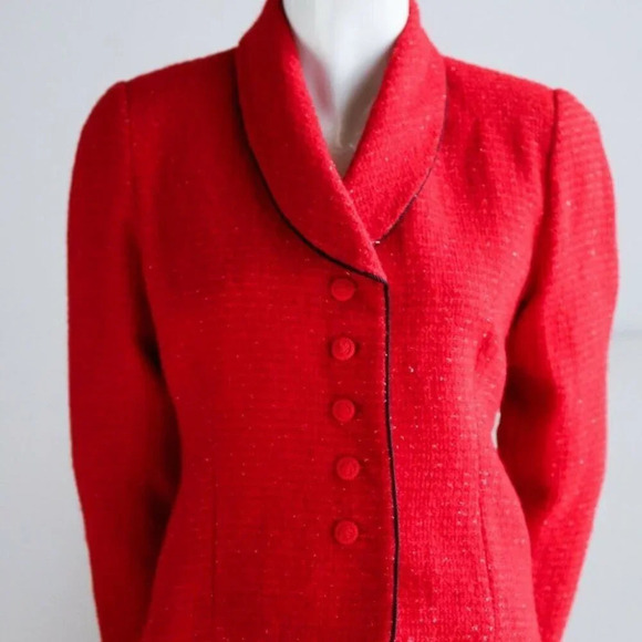 Vintage  50s 60s Fitted Cropped Bright Red Silver Lurex Thread Accent Blazer - Picture 3 of 11
